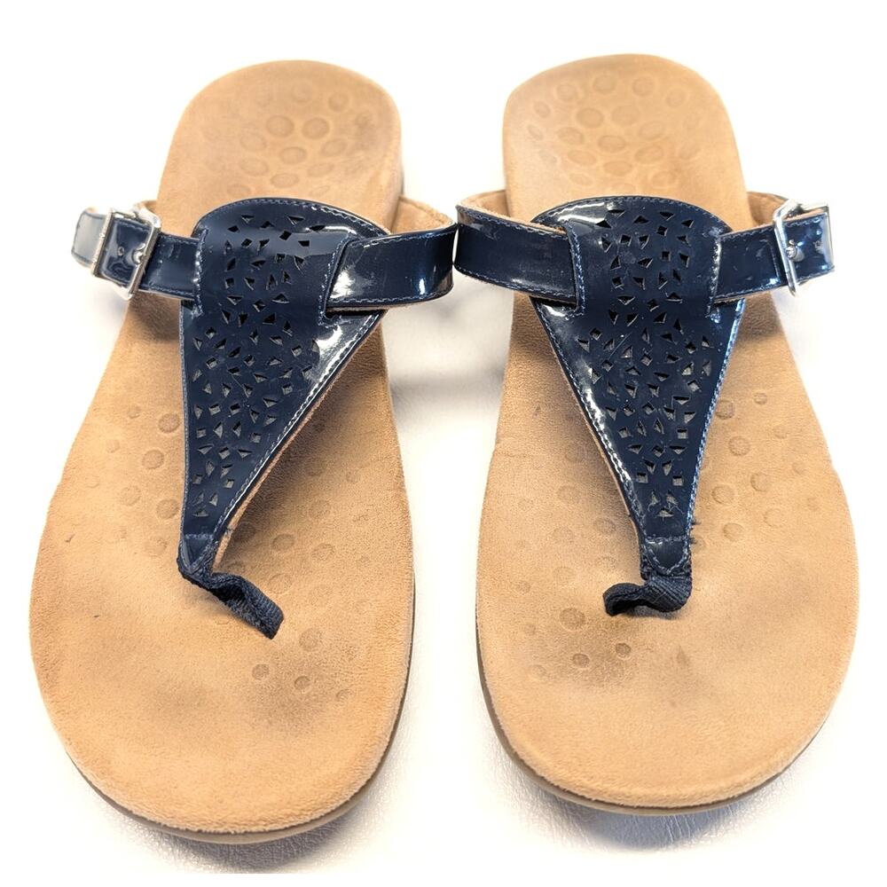 Vionic Tropez Patent Leather Thong Sandals Orthopedic Navy Blue Womens 7